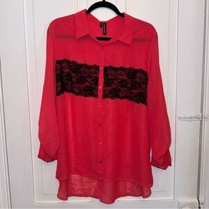 ✨maurices pink chiffon long sleeve black lace detail button down top✨